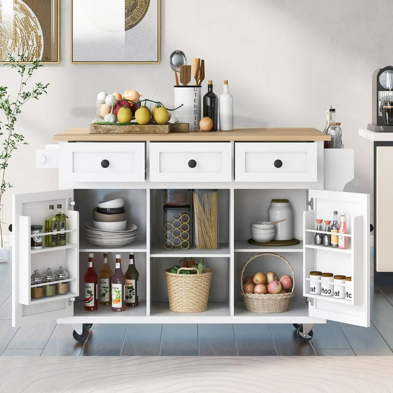 Mobile Kitchen Island with Drop Leaf Rubber Wood Countertop White