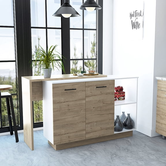 Kitchen Island - Modern Design, White/ Oak, Two Open Shelves And Double Door Storage Oak External Shelves, Cabinets, Rectangular Stationary For Kitchen, 40 55in Width, 60.74in Depth, 23.32in 34.75in