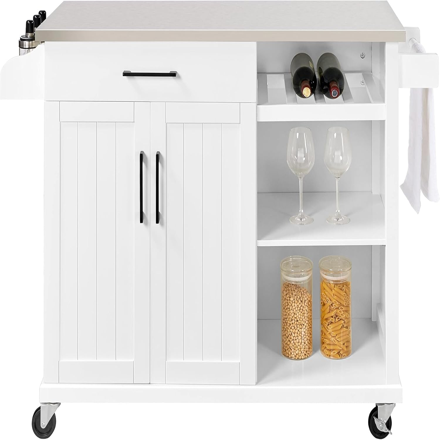 Kitchen Island On Wheels with Stainless Steel Top & Shelves Kitchen