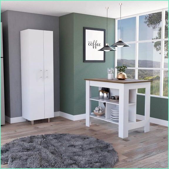 Kitchen Island & Pantry Set, Modern 9-Shelf 2-Door White & Walnut Manufactured Wood | White | MDF