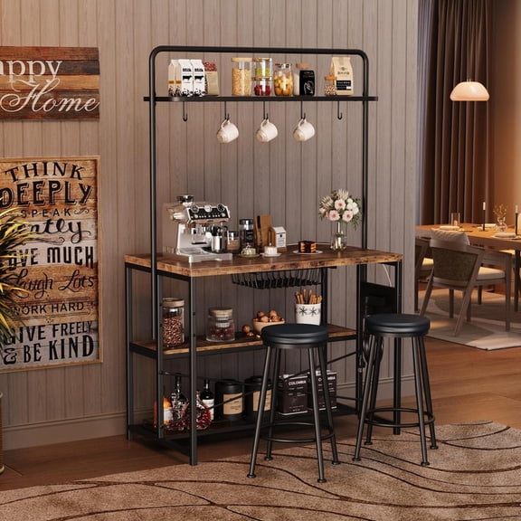 Kitchen Island with Power Outlet and 2 Bar Stools, Industrial Bakers Rack with Storage Shelves and Hooks, Microwave Stand Coffee Bar Table with Drawer for Dining Room