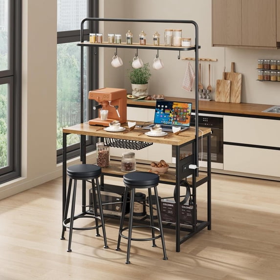 Kitchen Island with Power Outlet and 2 Bar Stools, Industrial Bakers ...