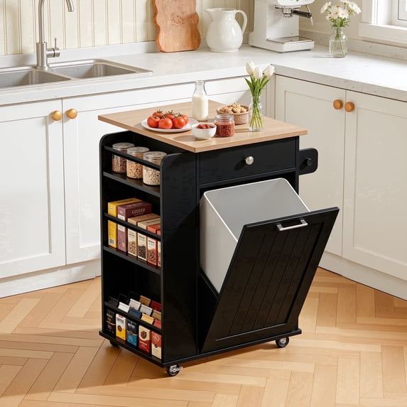 Kitchen Island, Island Table for Kitchen, Kitchen Carts on Wheels with Storage, Hidden Tilt Out Trash Cabinet