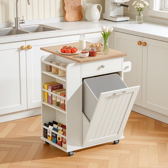 Kitchen Island, Island Table for Kitchen, Kitchen Carts on Wheels with Storage, Hidden Tilt Out Trash Cabinet, White
