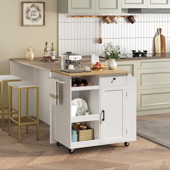 Kitchen Island with Power Outlet, Kitchen Storage Island with Drawer, Rolling Kitchen Cart on Wheels, Spice Rack, Towel Rack, Wine Rack, for Dining Room, White and Natural KINW122E01N1
