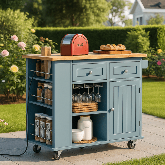 Kitchen Island with Power Outlet,Kitchen Storage Island with Drop Leaf and Rubber Wood,Open Storage and Wine Rack,5 Wheels,with Adjustable Storage for Home, Kitchen, and Dining Room, Grey Blue