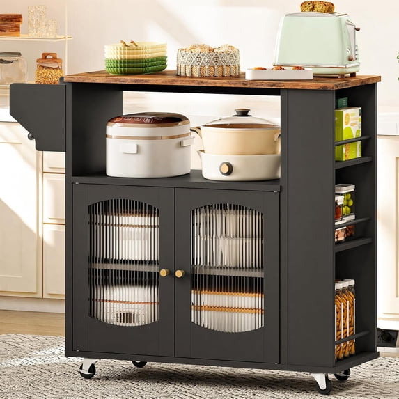 Kitchen Island with Power Outlet, Rolling Kitchen Island with Glass Doors and Open Storage Shelf, Island Table with Spice Rack, Towel Rack for Kitchen, Rustic Brown and Black