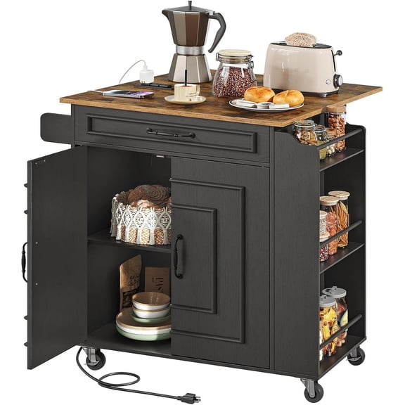 Kitchen Island with Power Outlets & Drop Leaf, Rolling Kitchen Cart on Wheels, Kitchen Storage Island with Spice Rack and Drawer for Kitchen, Dinning Room, Black and Rustic Brown