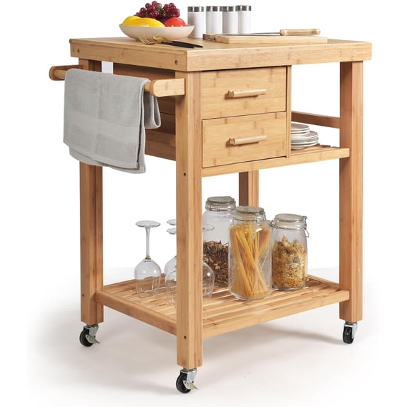 Kitchen Island, Rolling Butcher Block Kitchen Cart on Wheels, Bamboo Kitchen Trolley with Drawers, Shelves, Towel Rack, Small Kitchen Island Cart for Dining Room