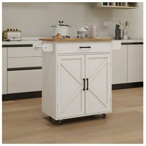 Kitchen Island Rolling Cart with Adjustable Shelves - White, Rubber Wood Top, Towel & Seasoning Racks - Mobile Kitchen Storage Organizer