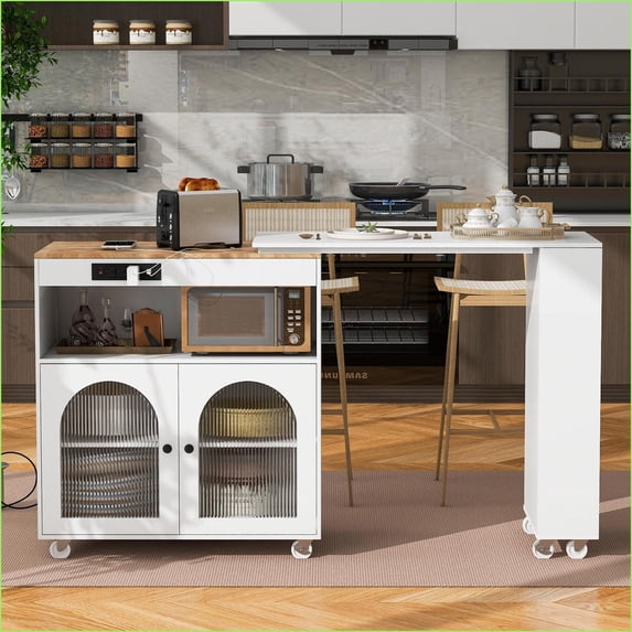 Kitchen Island Rolling Cart with Extendable Table, White Modern with LED Lights, USB Ports, Storage | White | MDF