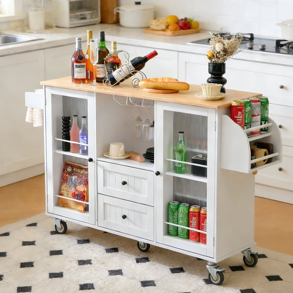 Kitchen Island, Rolling Island with Drop Leaf Bar Countertop 52.8 x 34.3 x 29.5in White Kitchen Cart with Storage Shelves Drawers Wheels for Small Spaces