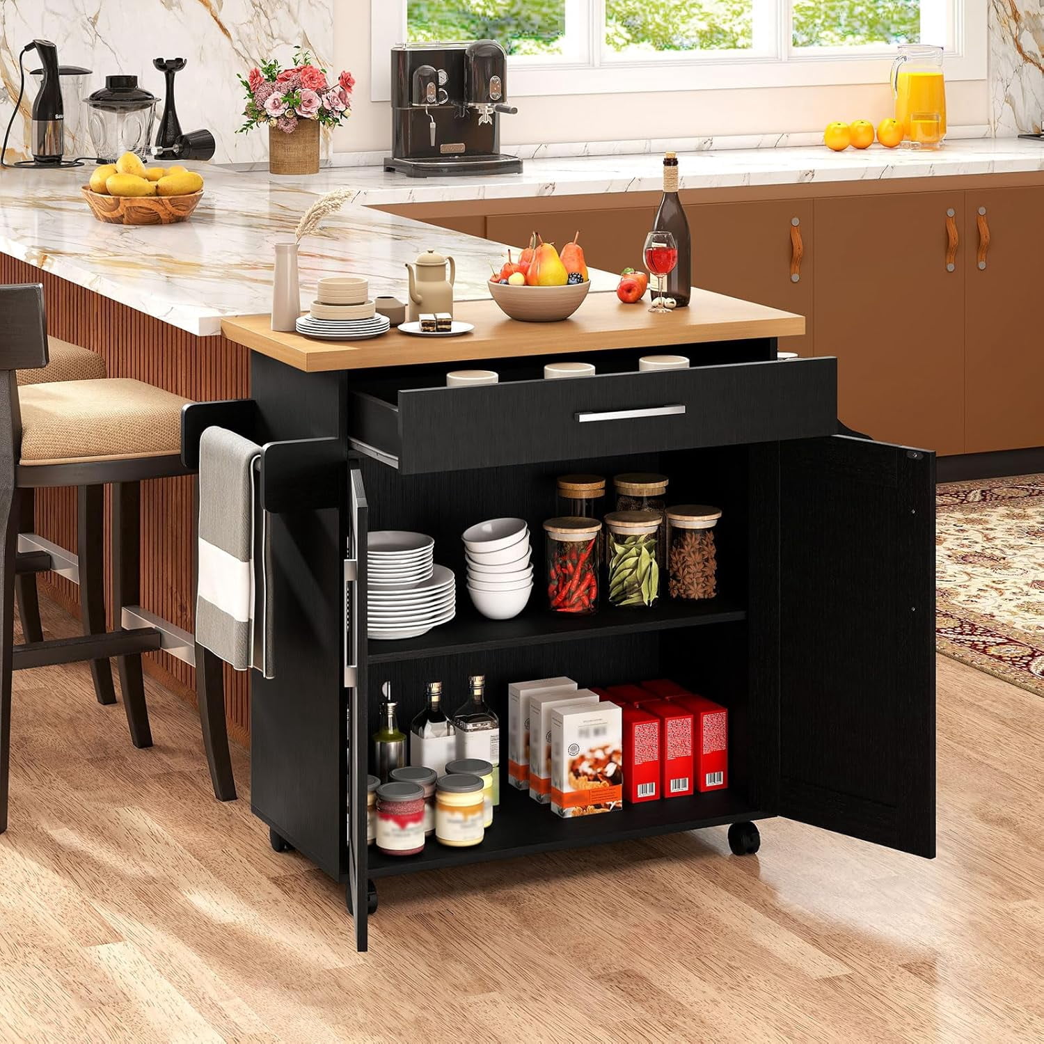 Kitchen Island, Rolling Kitchen Cart with Spice and Towel Rack, Large ...
