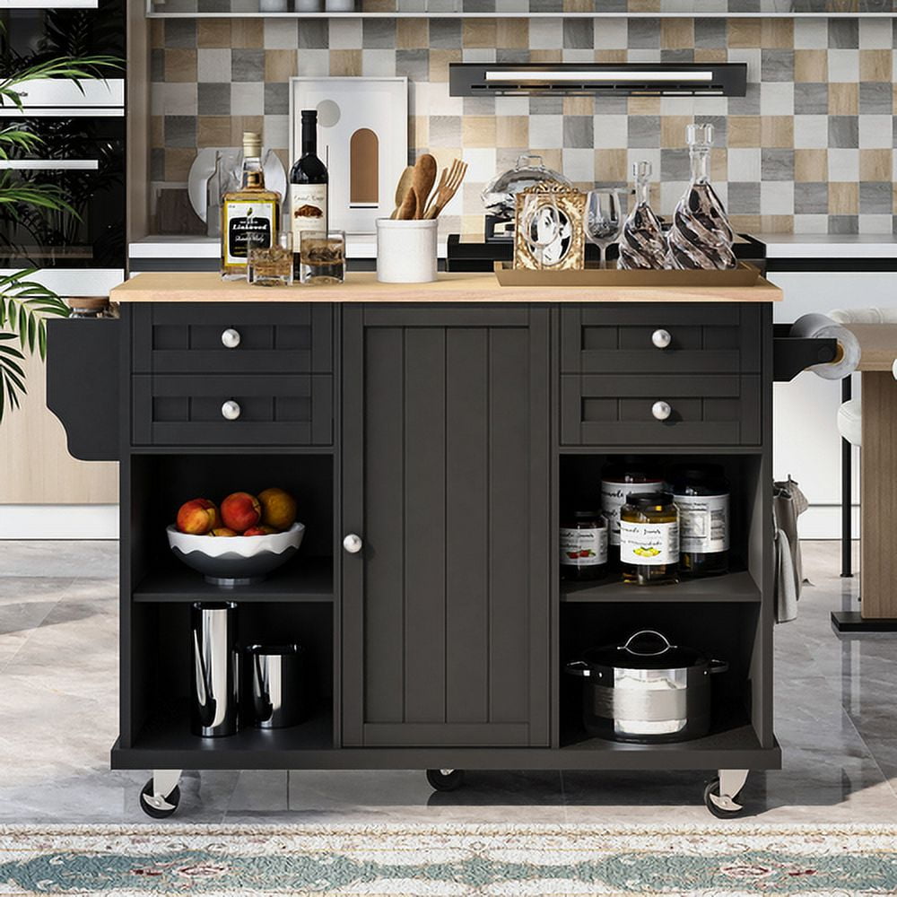 Kitchen Island with Rubber Wood Top, Rolling Mobile Kitchen Island with