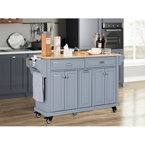 Kitchen Island with Rubber wood Countertop, Kitchen Cart on 5 Wheels with Storage Cabinet and 2 Top Drawers and A center double layered storage drawer for Dinning Room, Grey
