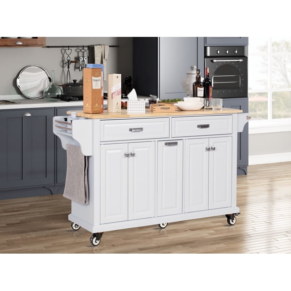 Kitchen Island with Rubber wood Countertop, Kitchen Cart on 5 Wheels with Storage Cabinet and 2 Top Drawers and A center double layered storage drawer for Dinning Room, White