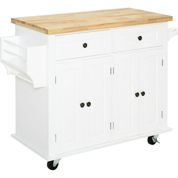 Kitchen Island With Rubberwood Countertop, Storage Drawers, And Towel Rack - Stylish Addition Rolling From , White, Features Robust Surface, Spice Rack, Convenient