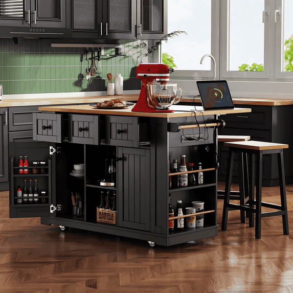 Kitchen Island with Seating and Storage, Moveable Kitchen Island with Stools, Power Outlet and Drop Leaf, Portable Kitchen Carts with Drawers and Shelves for Dinning Room