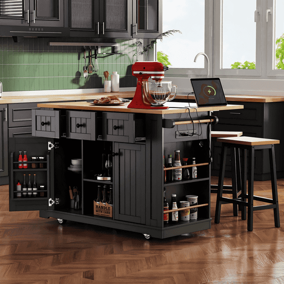 Kitchen Island with Seating and Storage, Moveable Kitchen Island with Stools, Power Outlet and Drop Leaf, Portable Kitchen Carts with Drawers and Shelves for Dinning Room
