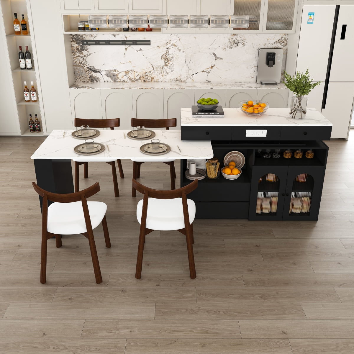 47-Inch Extendable & Rotating Kitchen Island Set with 4 Solid Wood ...