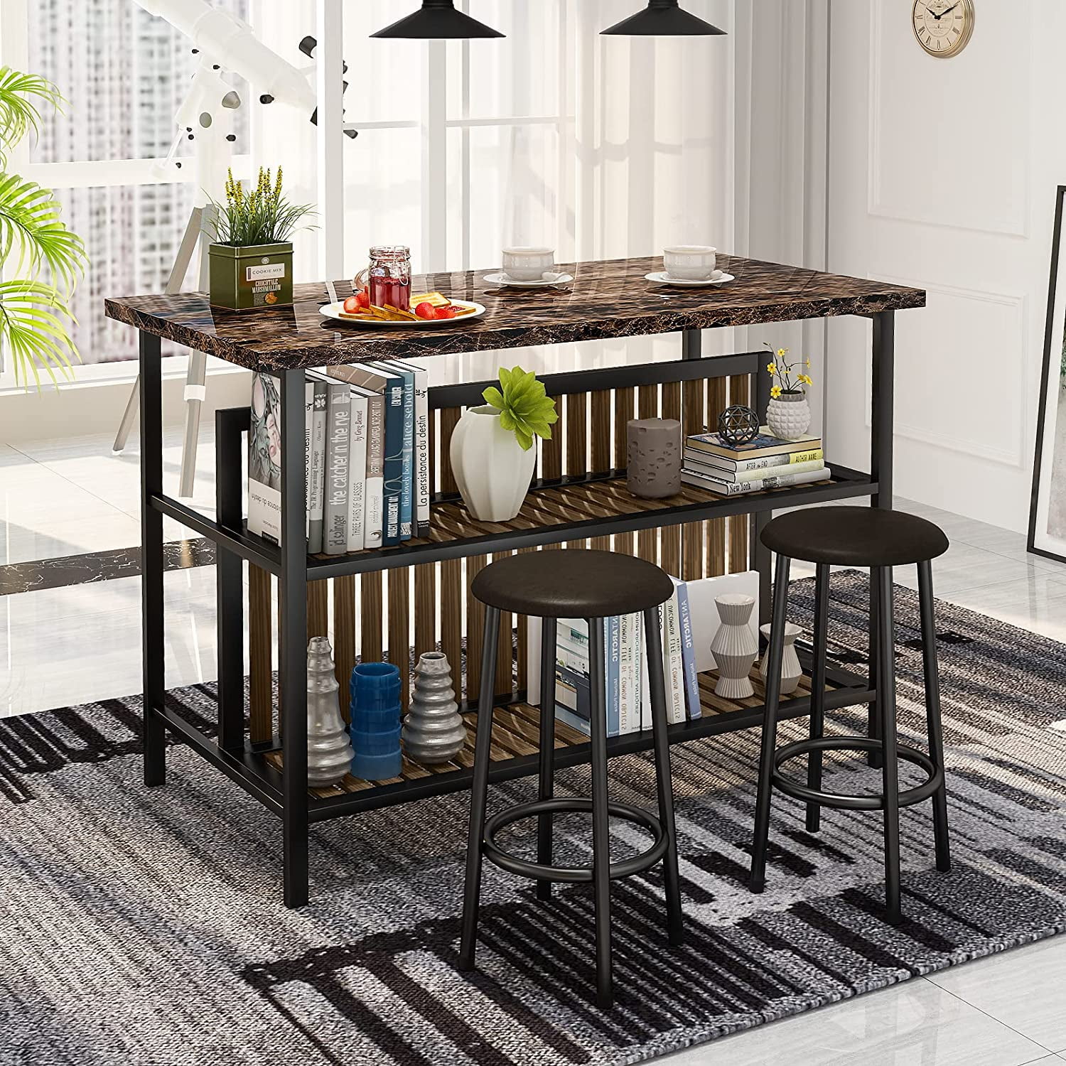 Kitchen Island Set, SYNGAR 3 Piece Bar Dining Table Set with 2 Stools ...