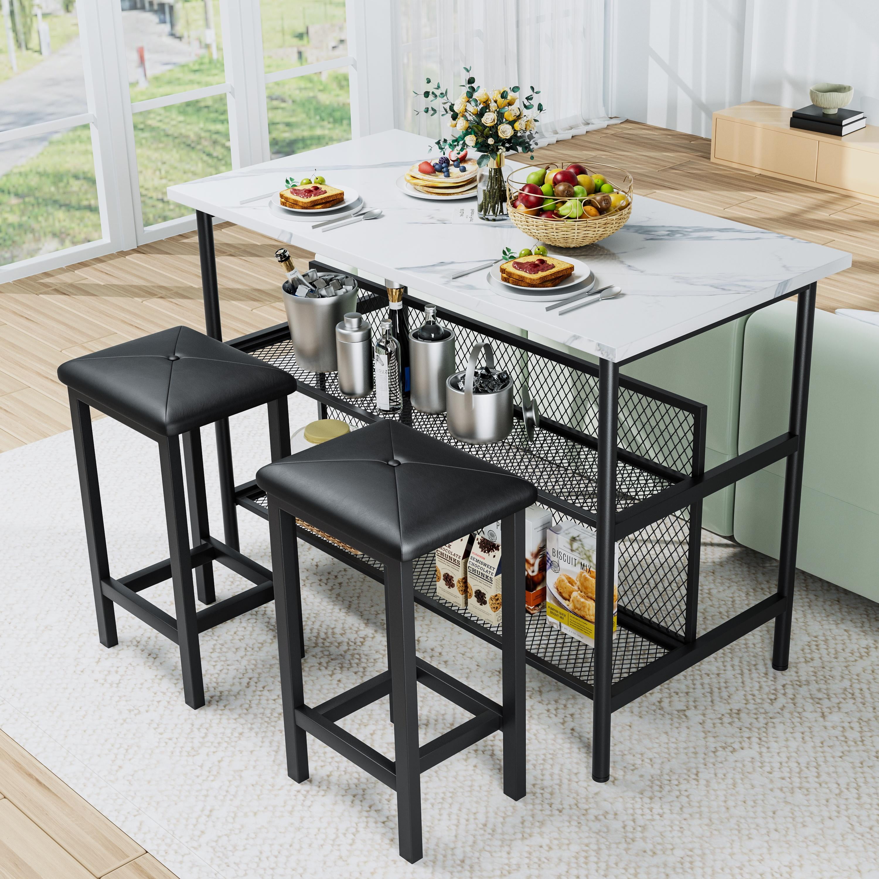 Kitchen Island Set SYNGAR 3 Piece Bar Dining Table Set with 2 Stools Open Shelves Modern Breakfast Dining Set for 2 Kitchen Island and Stools Set for Home Restaurant Small Spaces White