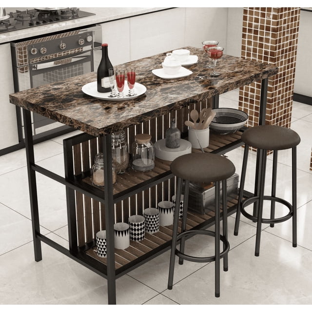 Kitchen Island Set With 2 Seating, BTMWAY Faux Marble Tabletop Dining ...
