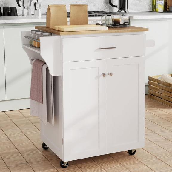 Kitchen Island, Small Rolling Cart with Drawers, 2 Door Cabinet, Spice Rack & Towel Handle, Kitchen Carts on Wheels with Storage, Modern Island Table for Kitchen, Dining Room, Restaurant