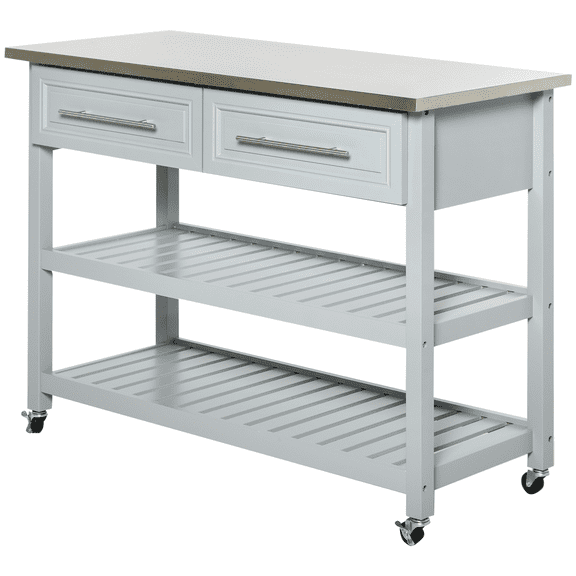 Kitchen Island with Stainless Steel Top, Gray - Rolling Kitchen Cart with Drawers & Shelves, Butcher Block Table for Kitchen Storage, Traditional Design