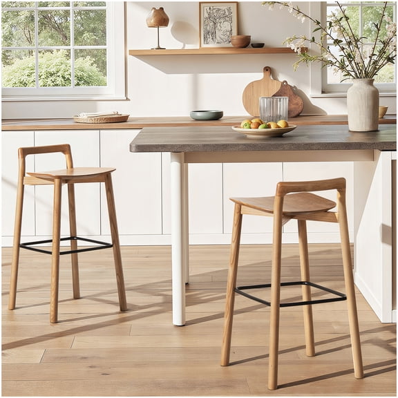 Kitchen Island Stools Set of 1, Modern Ash Wood Bar Stool with Low Back and Metal Foot Ring