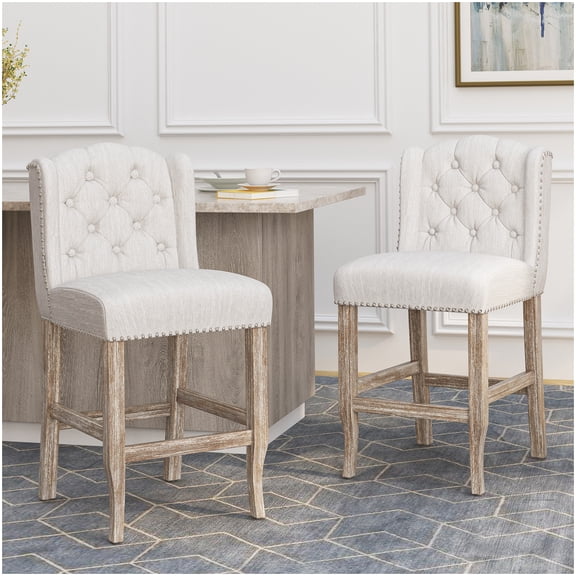 Kitchen Island Stools Set of 2, Beige Upholstered Wingback Stools with Button Tufted Back and Nailhead Trim