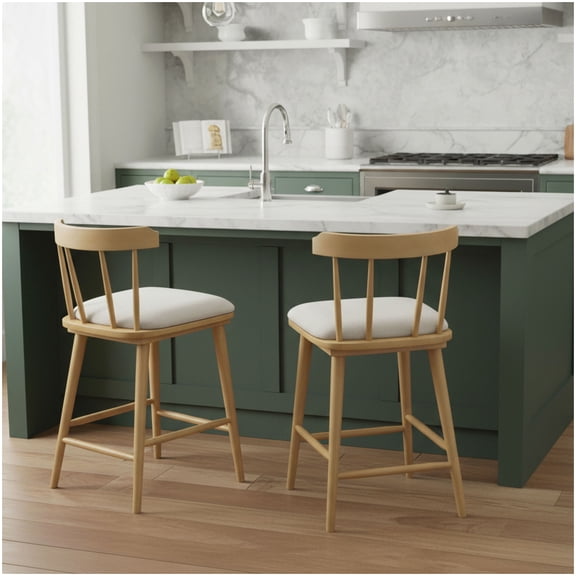 Kitchen Island Stools Set of 2 - Natural Wood Windsor Bar Stools with Beige Fabric Seat