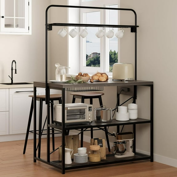 Kitchen Island with Storage, 3-Tier Bakers Rack with Power Outlet, Microwave Stand with 8 Hooks, 1.2" Thickened Tabletop, Large Coffee Bar Table, Grey, 47"x28"x71"
