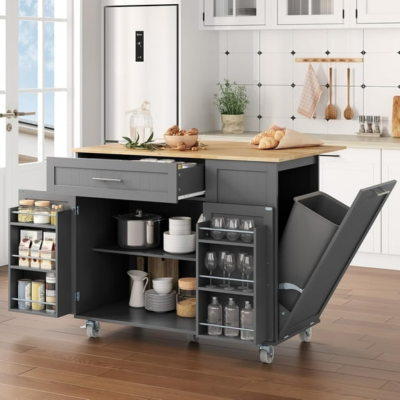 Kitchen Island with Storage, 31.5" D Rolling Kitchen Island Cart on Wheels with Widen Drop Leaf Rubberwood Top, Large Mobile Kitchen Island with Trash Can Storage and Towel Bar, Gray