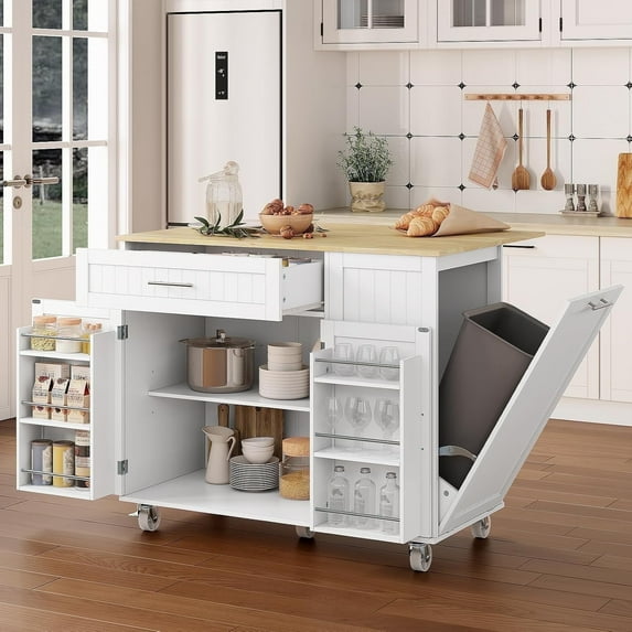Kitchen Island with Storage, 31.5" D Rolling Kitchen Island Cart on Wheels with Widen Drop Leaf Rubberwood Top, Large Mobile Kitchen Island with Trash Can Storage and Towel Bar, White