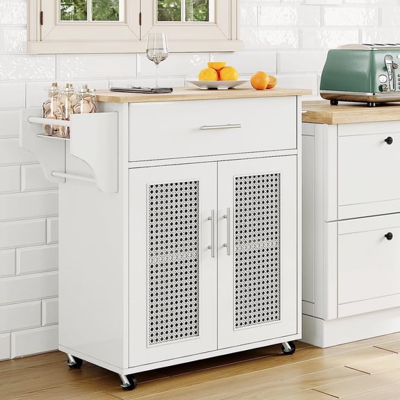 Kitchen Island with Storage, 31" Rolling Kitchen Island on Wheels with Solid Wood Countertop, Kitchen Cart with Rattan Storage Cabinet, Spice Rack, Towel Rack and Drawers, White