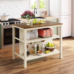 Kitchen Island with Storage, 45 Inch Solid Wood Kitchen Island Cart, Rustic Butcher Block Prep Table with 2 Open Shelves, Mobile Workstation for Small Kitchen, Walnut and Cream White