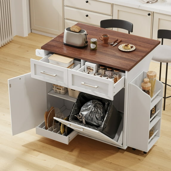 Kitchen Island with Storage, 47.2" Rolling Island Table with Wheels and Drop Leaf, 2 Drawers, Portable Kitchen Carts with Removable Side Racks and Towel Rack, for Dining Room, White