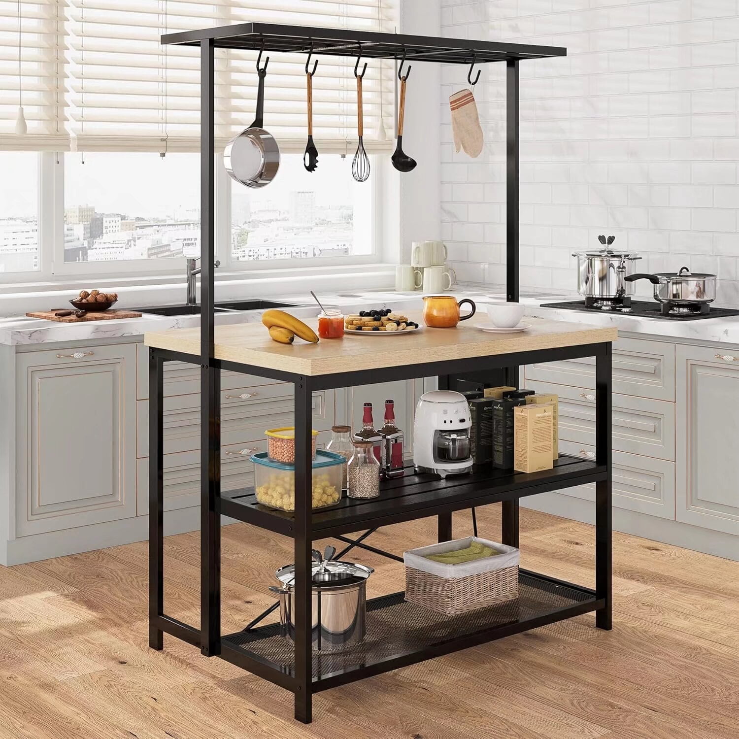 Kitchen Stand Rack Kitchen Island with Storage, Bakers Rack with Power Outlet, 3 Tier ...