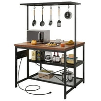 Kitchen Island with Storage, Bakers Rack with Power Outlet, Island Table for Kitchen,3 Tier Microwave Stand Oven Shelf,Large Coffee Bar Table, Storage Shelf for Kitchen Dining Room Living Room,5 Hooks