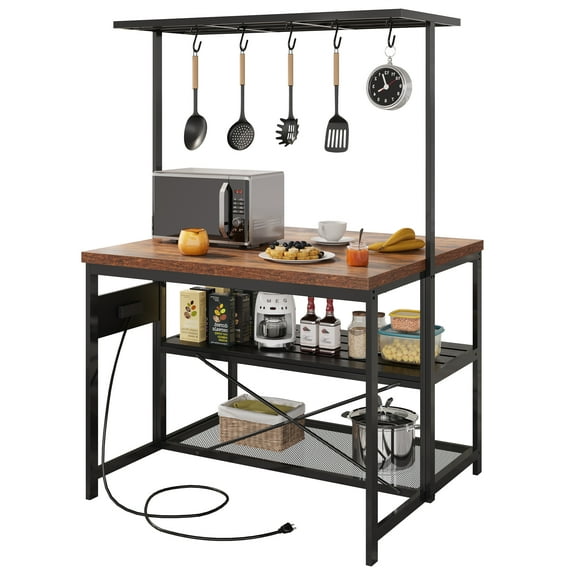 Kitchen Island with Storage, Bakers Rack with Power Outlet, Island Table for Kitchen,3 Tier Microwave Stand Oven Shelf,Large Coffee Bar Table, Storage Shelf for Kitchen Dining Room Living Room,5 Hooks