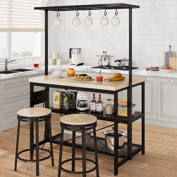 Kitchen Island with Storage, Bakers Rack with Power Outlet, Island Table for Kitchen,3 Tier Microwave Stand Oven Shelf,Large Coffee Bar Table, Storage Shelf for Kitchen Dining Room Living Room,5 Hooks