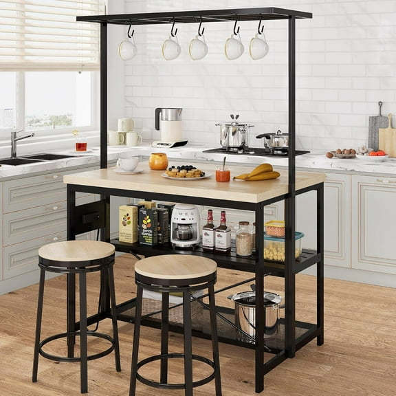 Kitchen Island with Storage, Bakers Rack with Power Outlet, Island Table for Kitchen,3 Tier Microwave Stand Oven Shelf,Large Coffee Bar Table, Storage Shelf for Kitchen Dining Room Living Room,5 Hooks
