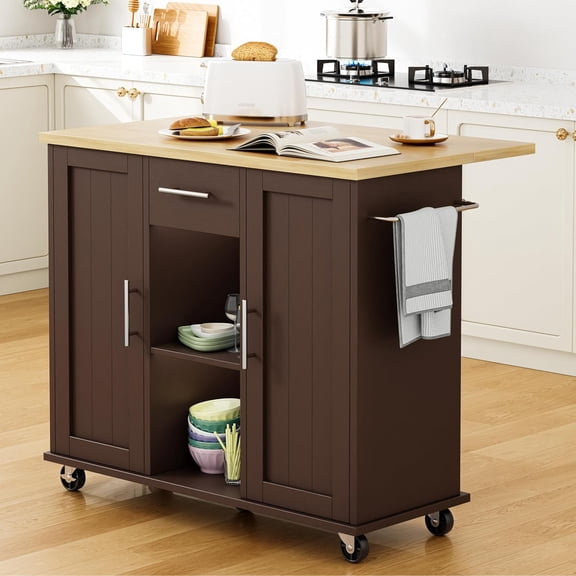 Kitchen Island with Storage, Bar Cart Cabinet Island Table on Wheels, Rolling Microwave Cart for Kitchen with Drop Leaf, Drawers, Towel Rack, Seating Area for Dining Room, Brown