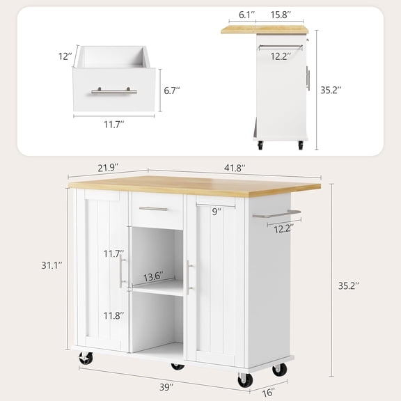 Kitchen Island with Storage, Bar Cart Cabinet Island Table on Wheels, Rolling Microwave Cart for Kitchen with Drop Leaf, Drawers, Towel Rack, Seating Area for Dining Room, White