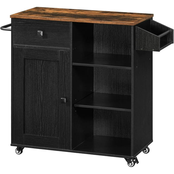 Kitchen Island, Storage Cabinet with Drawer, Kitchen Cart with Spice and Towel Rack, Saving Space, Easy Assembly, for Living Room, Rustic Brown and Black FB12ZD01