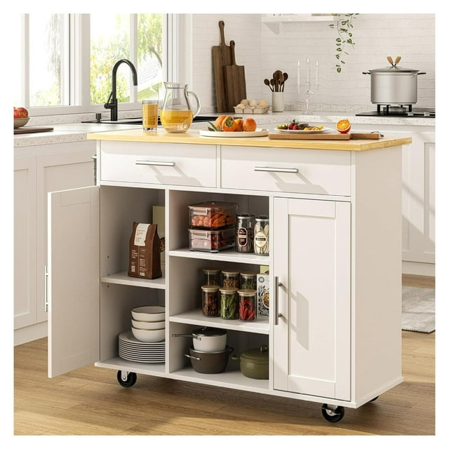 Kitchen Island with Storage Cart Table Rolling Butcher Block on Wheels