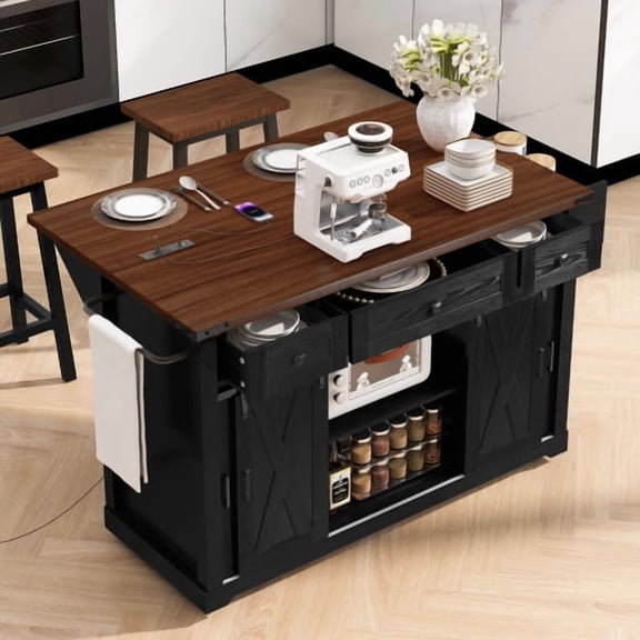 Kitchen Island with Storage, Farmhouse Rolling Kitchen Cart on Wheels, 58" Large Island Table with Drop Leaf & Power Outlet, Sliding Barn Door for Kitchen, Black