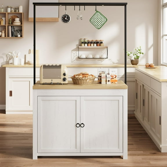 Kitchen Island with Storage,Heavy-Duty Multi-Functional Kitchen Cart,Mobile Kitchen Island with 2-Tier Shelves & 5 Hooks,Wood Countertop for Small Spaces Kitchen,Dinning Room