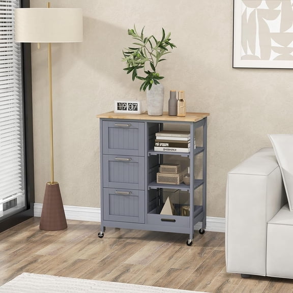 Kitchen Island with Storage, Kitchen Trolley on Wheels with Drawers & Open Shelves, Rolling Mobile Kitchen Island Cart for Dining Room Kitchen Living Room Bar Office (Grey)